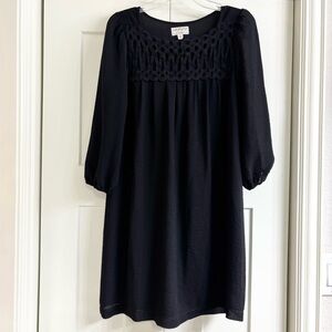 M.S.S.P Black Shift Dress Small Lined Lace Yoke Long Blouson Sleeves Chiffon LBD